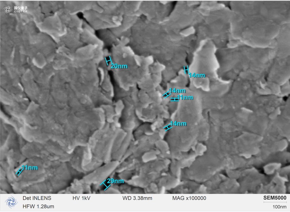 SEM5000 pode identificar claramente os cristalitos lamelares individuais em uma alta ampliação de 100.000 e pode analisar o tamanho de seus poros.